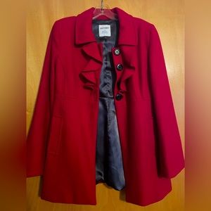 Red lined dress pea coat w ruffles